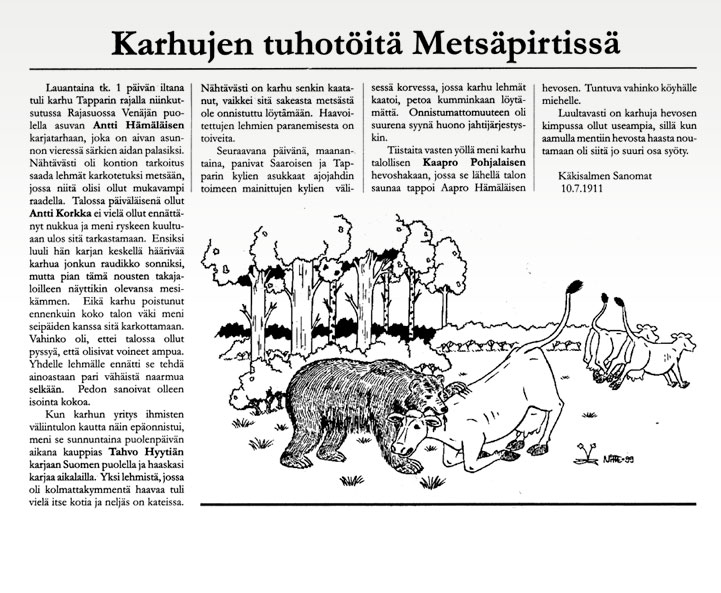 Kuvakopio Käkisalmen Sanomissa vuonna 1911 olleesta lehtiartikkelista Karhujen tuhotöitä Metsäpirtissä. Teksti on luettavissa sivulla Suurpetokirjoituksia menneiltä vuosisadoilta.