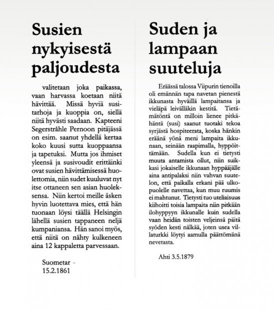 Kuvakopio kahdesta lehtiartikkelista. Suomettaressa vuonna 1861 ollut Susien nykyisestä paljoudesta ja Ahti-lehdessä vuonna 1879 ollut Suden ja lampaan suuteluja. Teksti on luettavissa sivulla Suurpetokirjoituksia menneiltä vuosisadoilta.

