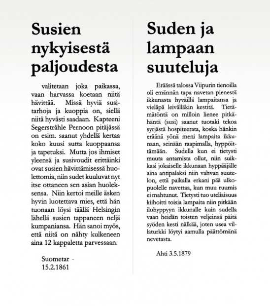 Kuvakopio kahdesta lehtiartikkelista. Suomettaressa vuonna 1861 ollut Susien nykyisestä paljoudesta ja Ahti-lehdessä vuonna 1879 ollut Suden ja lampaan suuteluja. Teksti on luettavissa sivulla Suurpetokirjoituksia menneiltä vuosisadoilta.

