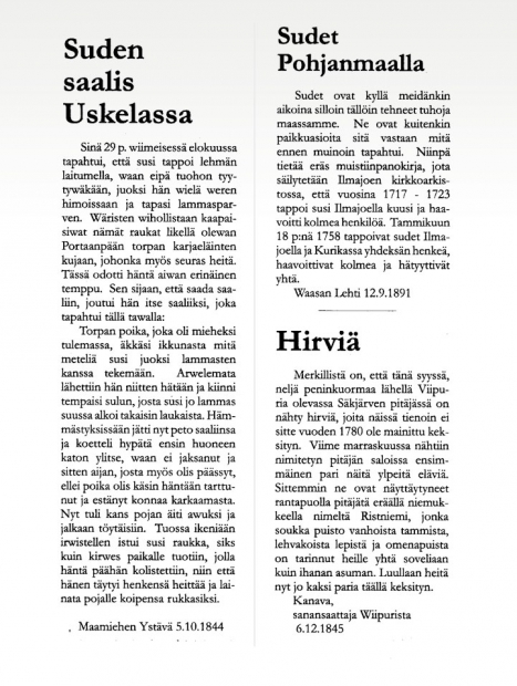Kuvakopio kolmesta lehtiartikkelista. Maamiehen ystävä -lehdessä vuonna 1884 ollut Suden saalis Uskelassa, Waasan lehdessä vuonna 1881 ollut Sudet Pohjanmaalla ja Kanava-lehdessä vuonna 1845 ollut Hirviä. Teksti on luettavissa sivulla Suurpetokirjoituksia menneiltä vuosisadoilta.

