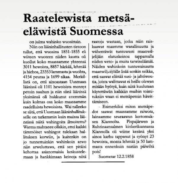 Kuvakopio Suometar-lehdessä vuonna 1858 olleesta lehtiartikkelista Raatelevista metsäeläimistä Suomessa. Teksti on luettavissa sivulla Suurpetokirjoituksia menneiltä vuosisadoilta.

