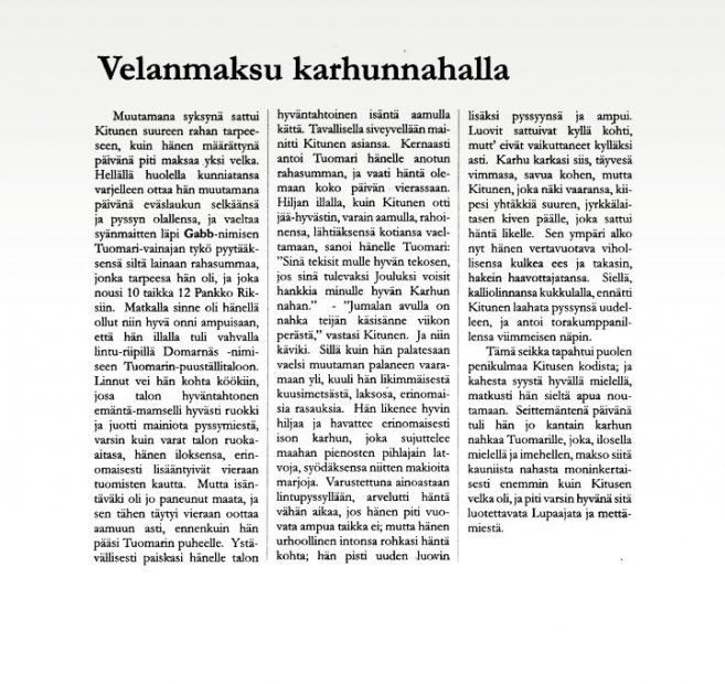Kuvakopio vanhasta lehtiartikkelista Velanmaksu karhun nahalla. Teksti on luettavissa sivulla Suurpetokirjoituksia menneiltä vuosisadoilta.