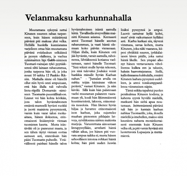 Kuvakopio vanhasta lehtiartikkelista Velanmaksu karhun nahalla. Teksti on luettavissa sivulla Suurpetokirjoituksia menneiltä vuosisadoilta.