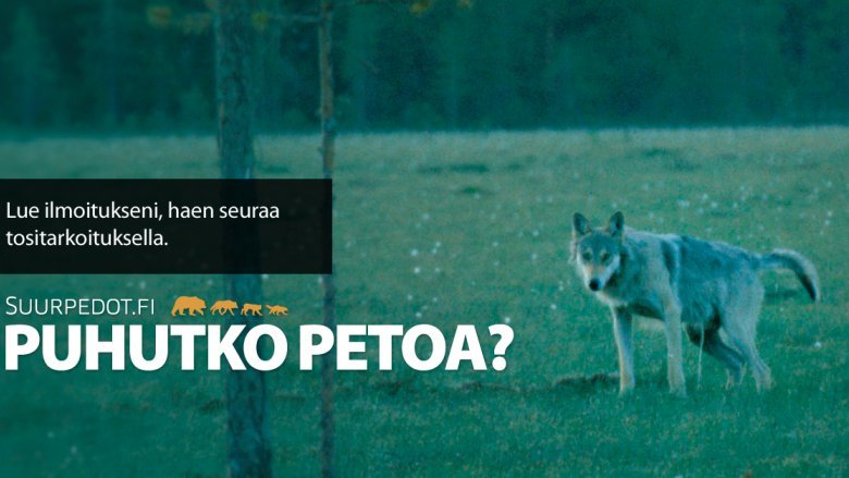 Susi merkkaa reviiriä pissaamalla suolla ja katsoo kysyvästi. Kuvassa teksti Puhutko petoa?