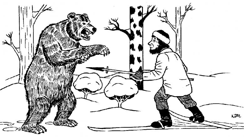 Piirroskuva, jossa vasemmalla takajaloilleen noussut karhu ja sen edessä hiihtäen liikkuva metsästäjä, joka osoittaa karhua karhukeihäällä.